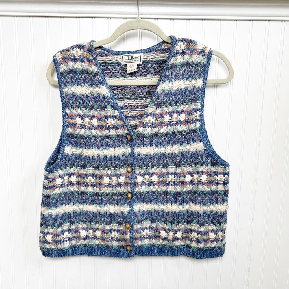 LL Bean Vintage Blue Knit Sleeveless Button Up Cardigan Sweater Vest Size Medium